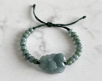 Jade Nine-Tailed Fox Knotted Bracelet, Natural Guatemala Jadeite Gumiho & Button Beads Adjustable Bracelet, Protection Jewelry (BRJ235)