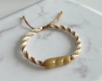 Jade Pea Pod Knotted Bracelet, Natural Honey Yellow Burmese Jadeite Lucky Bean Braided Bracelet, Genuine Jade Jewelry, Feng Shui Jewelry