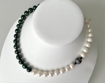 9mm Pearl Asymmetrical Necklace, White + Green Freshwater Pearl Choker with Cubic Zirconia Black Rhodium Plated Magnetic Ball Clasp