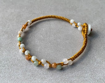 Natural Burmese Jadeite Nugget Beads Knotted Bracelet, Icy Tri-Color White + Green + Yellow Fu Lu Shou Jade Bracelet, Friendship Bracelet