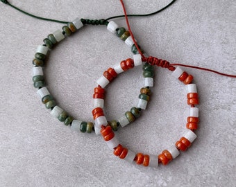 Natural Type A Translucent Red + Green + White Jadeite Button & Cylinder Beads Knotted Bracelet • Burmese Jade Knot Adjustable Bracelet