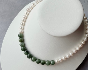 Pearl & Jade Necklace, White Oval Freshwater Pearls and Natural Burmese Jadeite Round Beads Choker with 14K Gold Filled Lobster Clasp