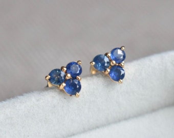 14K Yellow Gold Natural Blue Sapphire Cluster Earrings • September Birthstone Jewelry • Minimalist Gemstone Stud Earrings, Luxurious Gift