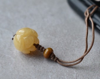 Custom Natural Burmese Jadeite Lotus Charm, Natural Icy Honey Yellow Jade Carved Lotus Flower Bead Phone Charm, Purse Charm, Bag Charm