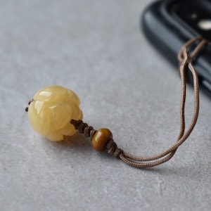 Custom Natural Burmese Jadeite Lotus Charm, Natural Icy Honey Yellow Jade Carved Lotus Flower Bead Phone Charm, Purse Charm, Bag Charm