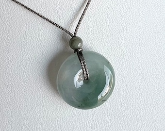 Jade Donut Necklace, Natural Icy Burmese Jadeite Circle Pendant, Gray + Blue Jade Pi Necklace, Genuine Jade Protection Jewelry (NJ225)