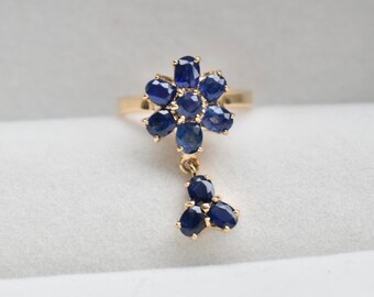 Natural Blue Sapphire Flower Ring With Trio Cluster Dangle in 14K Yellow Gold • September Birthstone Jewelry • Gemstone Ring, Luxurious Gift