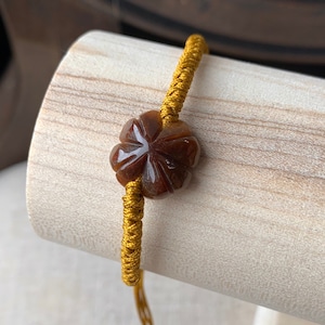 Natural Honey Brown Jadeite Jade Clover Leaf Adjustable Knotted Bracelet • Feng Shui Jewelry • Burmese Jade Braided Bracelet, Good Luck
