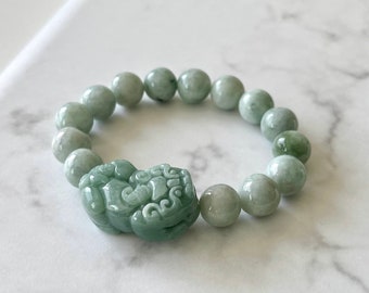 13mm Jade Pixiu Fortune Beast Bracelet, Natural Burmese Jadeite Piyao & Round Beads Stretch Bracelet, Genuine Jade Beaded Bracelet For Men