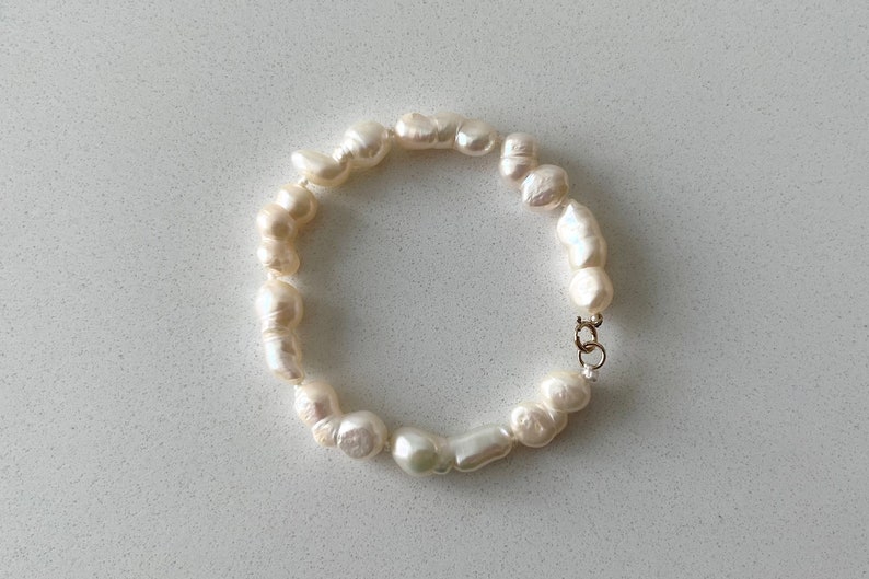 Freshwater Pearl Bracelet, White Baroque Pearl Bracelet with 14K Gold Filled Spring Ring Clasp, Unique Pearl Jewelry, Anniversary Gift image 4
