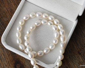 White Freshwater Oval Pearl Necklace, 7.25-8.25mm • Genuine Pearl Strand, Modern, Unique Pearl Choker • Bridal Pearl Jewelry • Gift For Her