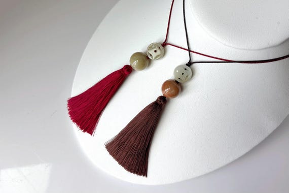Jade Tassel Necklace, Natural Burmese Jade Round Bead Tassel Adjustable Nylon Cord Necklace, Simple Gemstone Tassel Necklace NJ242
