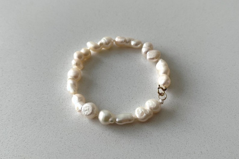 Freshwater Pearl Bracelet, White Baroque Pearl Bracelet with 14K Gold Filled Spring Ring Clasp, Unique Pearl Jewelry, Anniversary Gift image 1