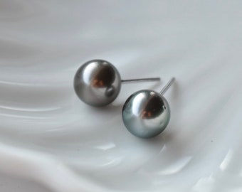 14K White Gold Black Tahitian Pearl Stud Earrings (10mm) • Genuine Classic Black Pearl Studs • June Birthstone, Anniversary, Birthday Gift