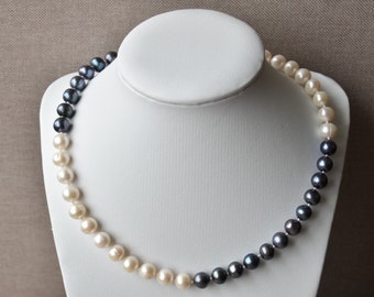 Black and White Freshwater Pearl Necklace, 8.5-9.5mm • Genuine Modern, Unique, Contrast Pearl Choker • Classic Formal & Casual Pearl Strand