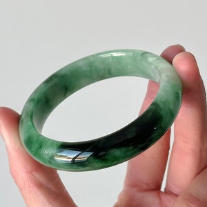 51mm Jade Bangle, Certified Natural Green + Black Burmese Jadeite Jade Round Dome Bangle, Genuine Jade Jewelry BA94-38891