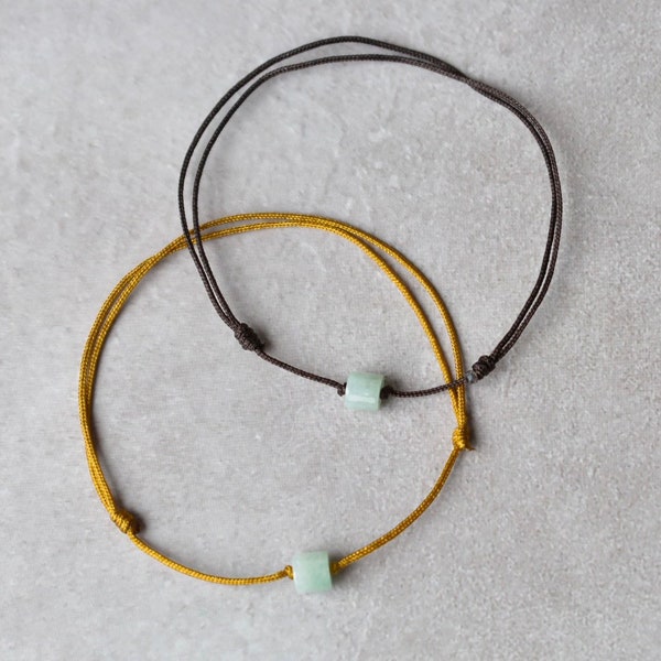 Natural Burmese Jadeite Tiny Cylinder Bead Bracelet, Simple Jade Bracelet, Thin Cord Bracelet, Matching, Friendship, Family Bracelets