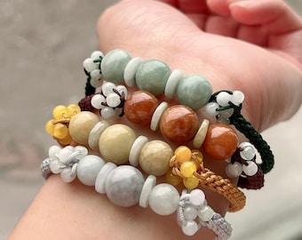 Natur Burmesische Jadeit Perlen Geknüpftes Armband, Natürliche Jade Gemischte Perlen Geflochtenes Armband, Makramee Freundschaftsarmband, Geschenk für Sie