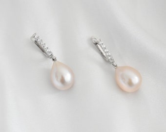 14K White Gold Pink Freshwater Pearl and Diamond Drop Earrings - Luxurious, Pearl Dangle Earrings, Bridal Jewelry, Birthstone Earrings