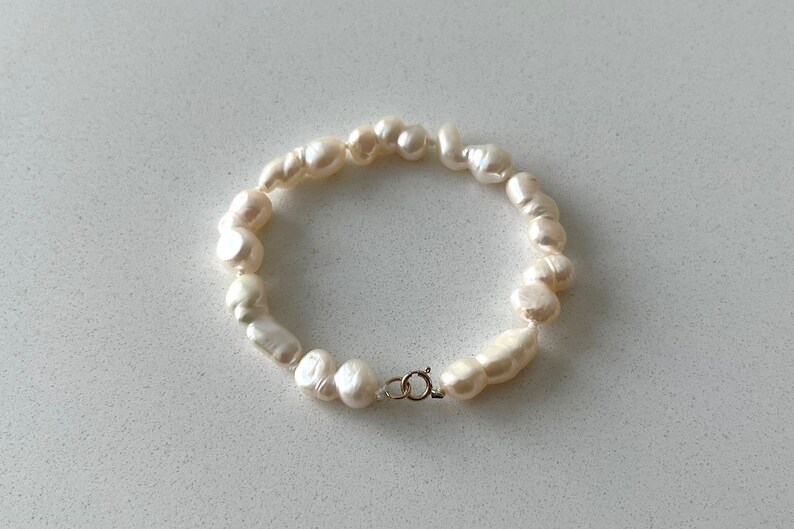 Freshwater Pearl Bracelet, White Baroque Pearl Bracelet with 14K Gold Filled Spring Ring Clasp, Unique Pearl Jewelry, Anniversary Gift image 2