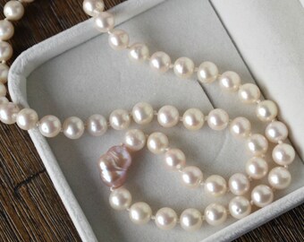 Pink Baroque Heart-Shaped and White Round Freshwater Pearl Strand, 7.5-8mm • Genuine Unique Pearl Choker • Bridal Necklace, Gift For Her