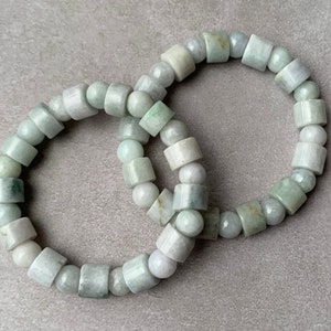 Natural Jade Stretch Bracelet • Type A Bluish Green + Faint Gray Jadeite Cylinder & Round Beads Elastic Bracelet, Unisex Jade Bracelet