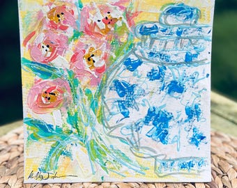 Ginger Jar with Flowers Original Abstract Painting on Watercolor Paper 8”x8” Ready to Frame KellyJacksonFineArt