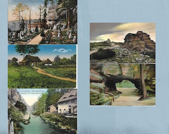 5 Ansichtskarten, alte Karten, bunt, Gebirge, sächs. Schweiz, Riesengebirge, Edmundsklamm, Oybin (Stempel), Widoki
