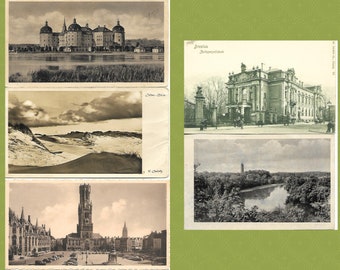 5 Ansichtskarten historisch, Ostsee, Brugge, Breslau, Halle, Moritzburg, Vintage, schwarz-weiß mit Kupferdruck und Fotografie