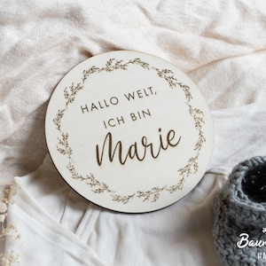 Geburtsverkündung • Fotoschild • Hallo Welt • Holzschild • personalisiert • zum Eintragen auf der Rückseite • Geburt • Floral