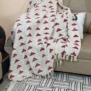 Bohemian Mud Cloth Throw Blanket with Tassels Hand Loomed Block Print Cotton Sofa Throw for Living Room 120X180 Cms