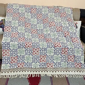 Multicolor Bohemian Mud Cloth Throw Blanket with Tassels Hand Loomed Block Print Cotton Sofa Throw for Living Room 120X180 Cms