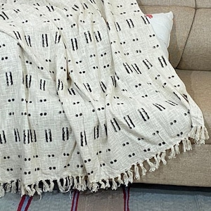 Bohemian Mud Cloth Throw Blanket with Tassels Hand Loomed Block Print Cotton Sofa Throw for Living Room 120X180 Cms
