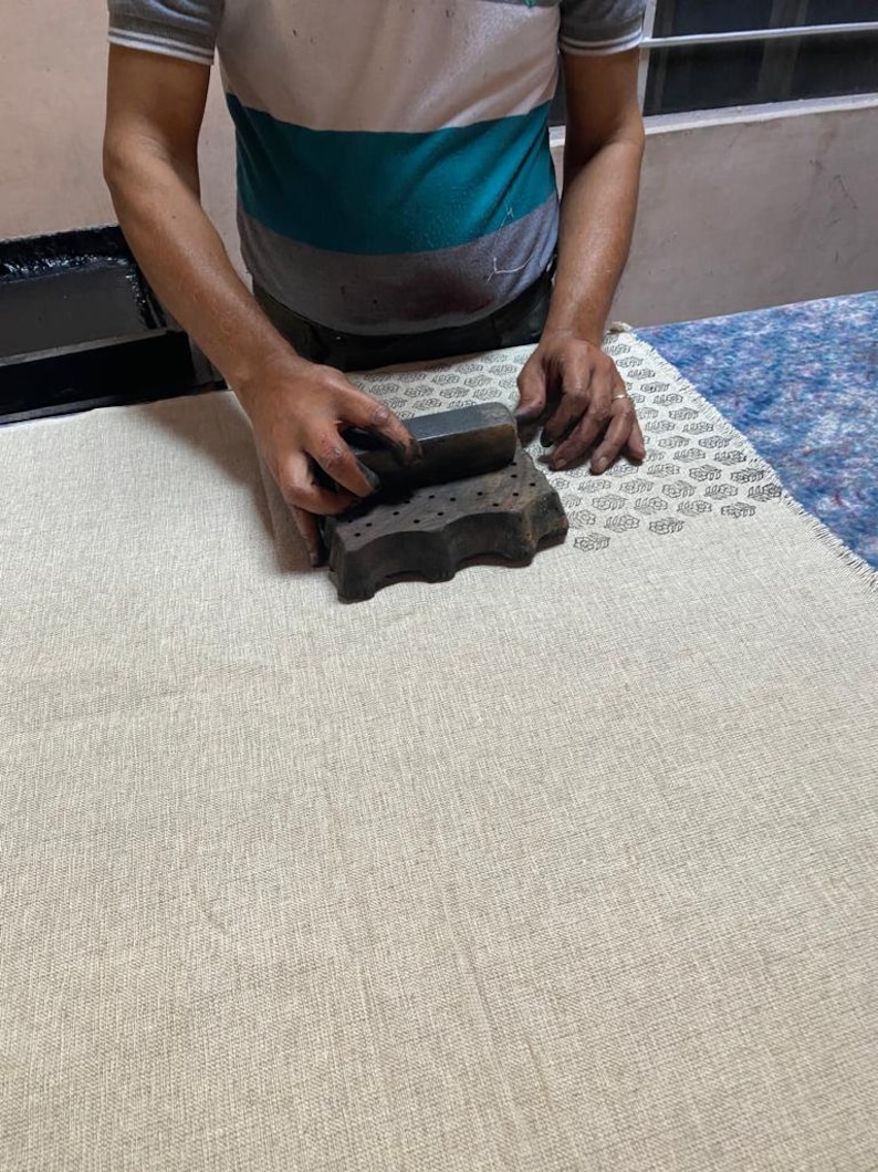 Block Print Handloom Linen Fabric Heavy Linen Fabric Black Floral Outlines print image 4