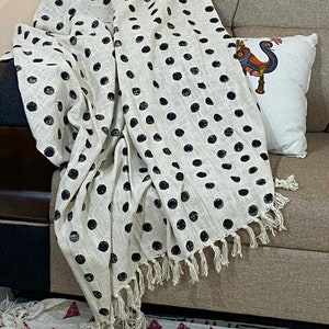 Bohemian Mud Cloth Throw Blanket with Tassels Hand Loomed Block Print Cotton Sofa Throw for Living Room 120X180 Cms