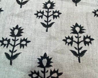 KEYY//Block Print Fabric, Floral Print Linen, By the yards, Pillow Cover Fabric, Table Cloth, Hand Woven Thick Linen Fabric For Upholstery