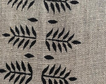Tecido de linho natural Tecido de linho indiano, cor preta, tecido de impressão em bloco, impressão floral de designer em tecido, tecido para estofados, casa