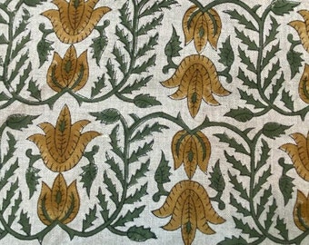 Block Print Fabric, Floral Print Linen, By the yards, Pillow Cover Fabric, For Table Cloth, Hand Woven Thick Linen Fabric For Upholstery