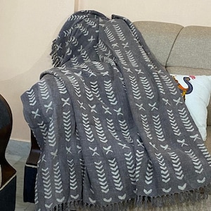 Bohemian Mud Cloth Throw Blanket with Tassels Hand Loomed Block Print Cotton Sofa Throw for Living Room 120X180 Cms