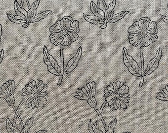 Block Print Fabric, Floral Print Linen, By the yards, Pillow Cover Fabric, For Table Cloth, Hand Woven Thick Linen Fabric For Upholstery
