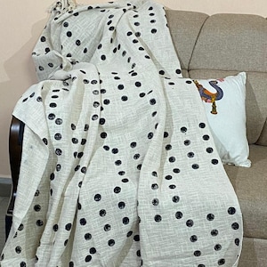 Boho Mud Cloth Throw Blanket with Tassels Hand Loomed Block Print Cotton Sofa Throw for Living Room Black Bedding Indian Throw 120X180 Cms