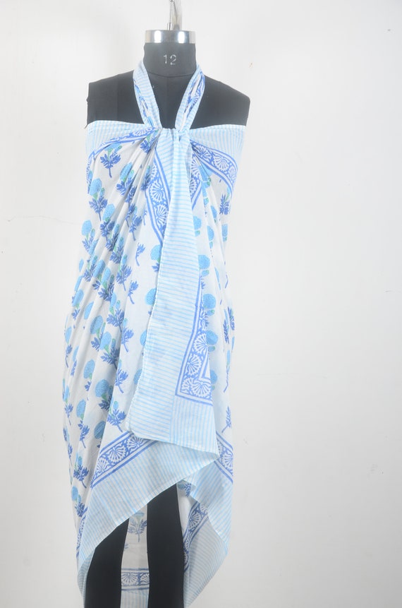 Foulard Sarong En Coton Indien Imprimé Main - Multicolore Floral 183x99 Cm - Neuf Avec étiquettes