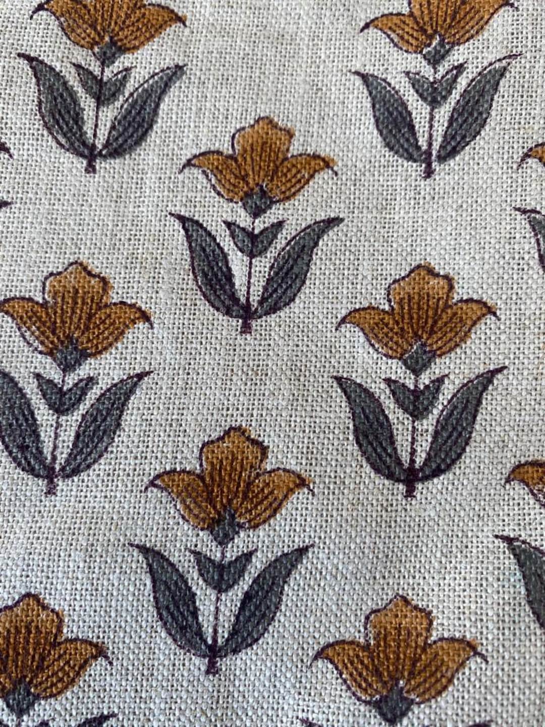 Small// Flower Block Print Handloom Linen Fabric ,upholstery Fabric ...