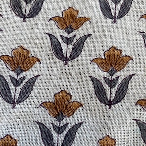 Small// Flower Block Print  Handloom Linen Fabric  ,upholstery Fabric, pillow Cover Fabric, Thick fabric natural linen, Grey - Mustered