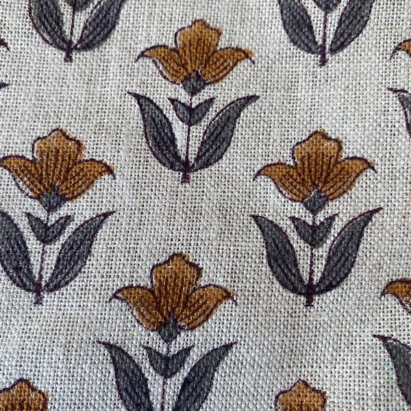 Small Flower Block Print  Handloom Linen Fabric  ,upholstery Fabric, pillow Cover Fabric, Thick fabric natural linen, Grey - Mustered