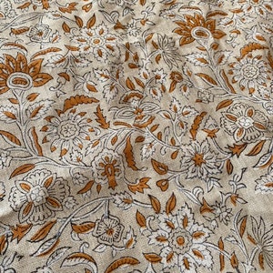 Thick Linen Pillow Cover Orange and white Decorative Cushion, Floral pillow Cover, Block Print Handloom Linen Heavy Linen Fabric By The Yard
