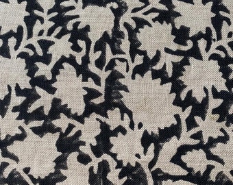 Tecido de linho estampado em bloco, tecido de linho com estampa de flor, tecido de estofamento em preto, capa de almofada, tecido de linho grosso, cor natural