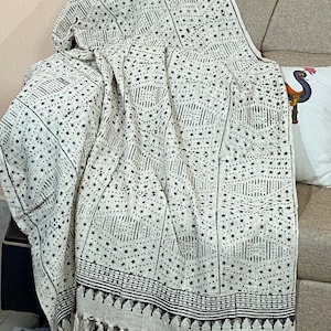 Bohemian Mud Cloth Throw Blanket with Tassels Hand Loomed Block Print Cotton Sofa Throw for Living Room 120X180 Cms