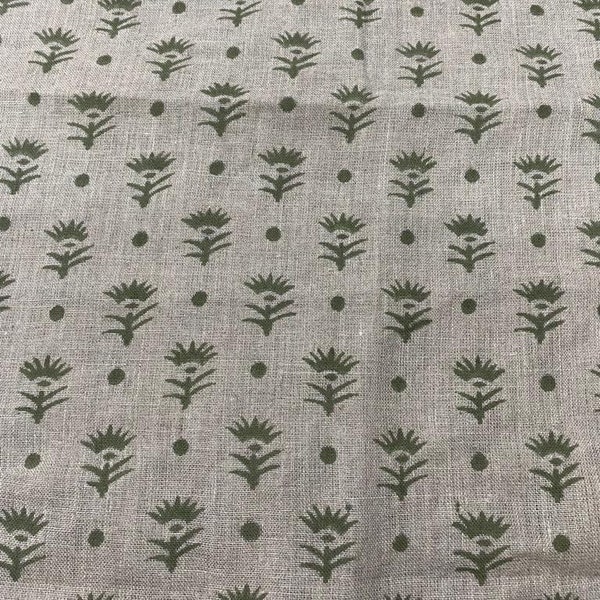 Block Print  Handloom Linen Fabric   Linen Fabric Olive Green Flower