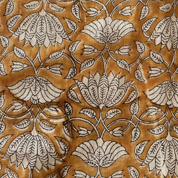 Tulip Flower , Block Print Thick Linen Fabric | Mustard  Floral Print Upholstery Fabric, pillow cover fabric, Curtain  Linen By The Yard